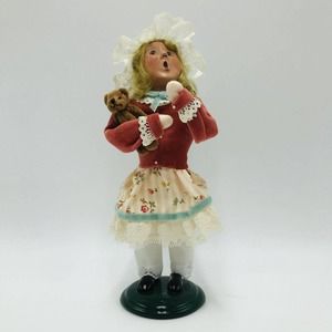 Byers Choice Carolers Girl with Teddy Bear Pink Striped Floral Skirt 9.5" 2010